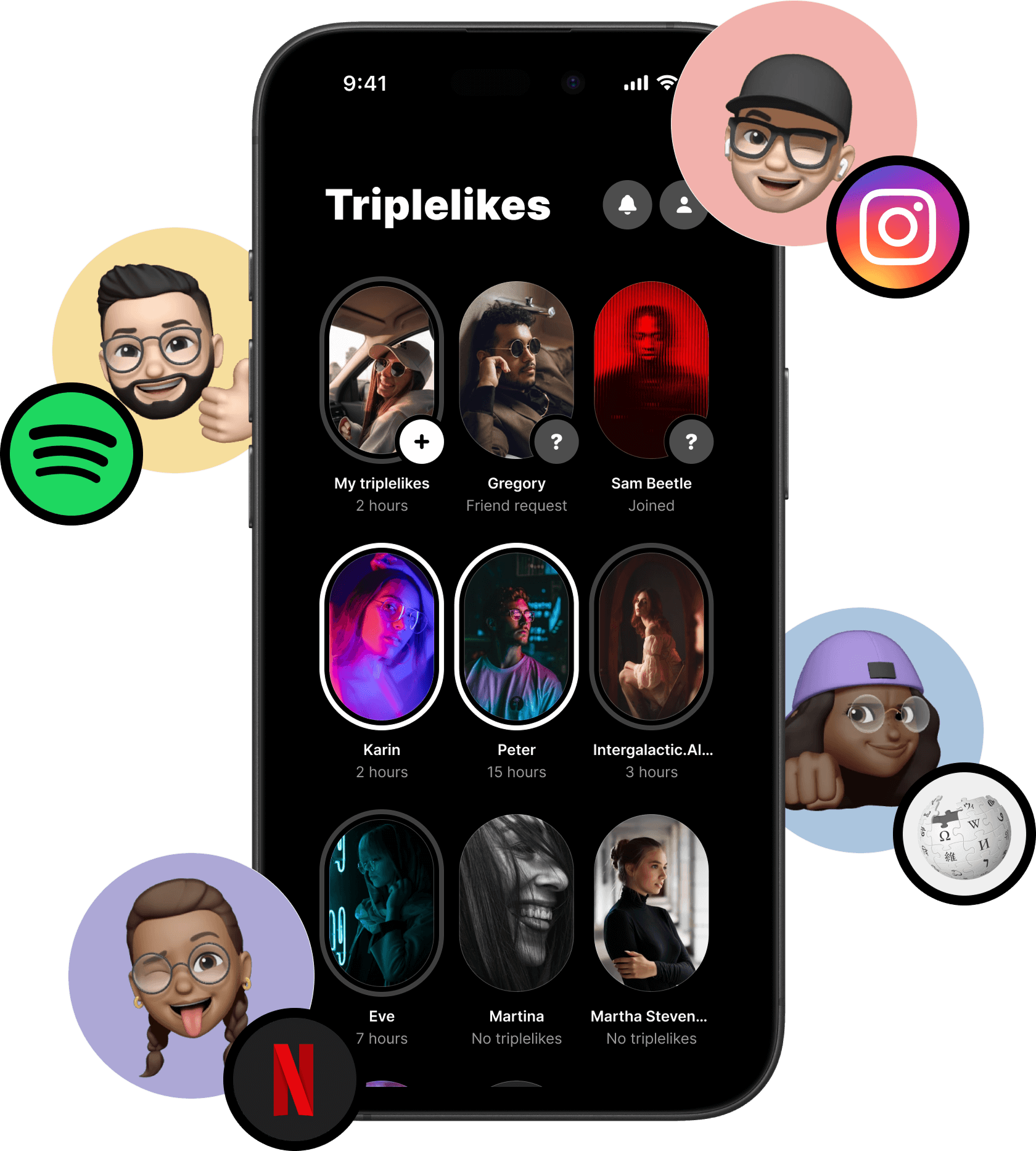 Smartphone screen displaying the Triplelike app with profile stories and avatars, surrounded by animated emoji faces and social media icons including Spotify, Instagram, Netflix, and Wikipedia.